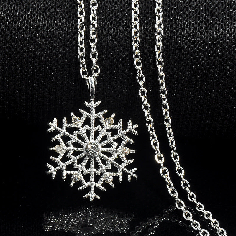 Vintage Shiny Silver Color Crystal Zircon Snowflake Flower Pendant Necklace For Women Sweater Chain Charm Jewelry Christmas Gift
