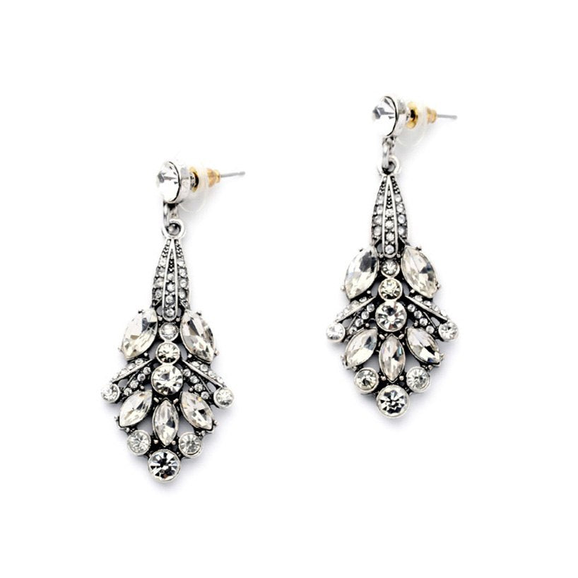 Vintage Silver Art Deco Crystal Pave-Encrusted Cluster Leaf Dangle Drop Earrings