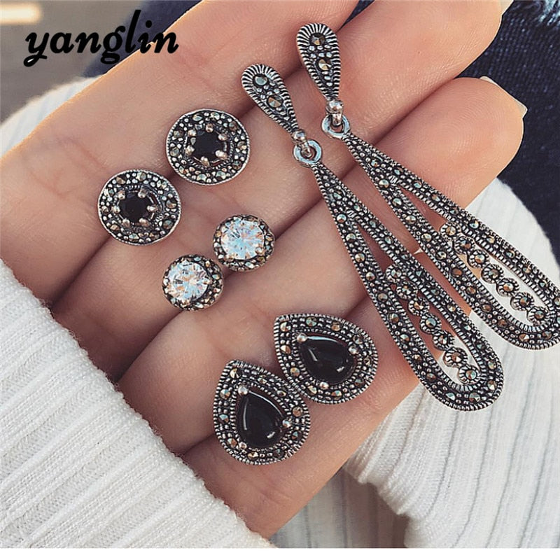 Vintage Sliver Small Rhinestone Round Circle Earrings Boho Punk Black Crystal Gems Water Drop Tears Stud Earrings Set For Women