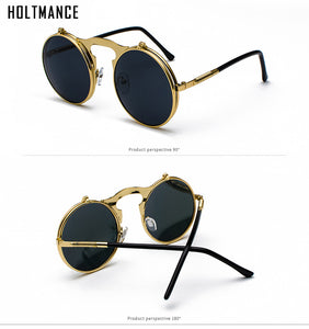Vintage Steampunk Flip Up Men Sunglasses Women Retro Round Metal Frame Sun Glasses Hinge Design Curved Spring Legs UV400