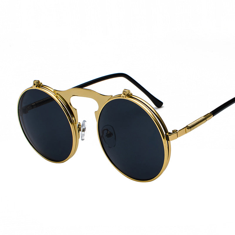 Vintage Steampunk Flip Up Men Sunglasses Women Retro Round Metal Frame Sun Glasses Hinge Design Curved Spring Legs UV400