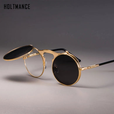 Vintage Steampunk Flip Up Men Sunglasses Women Retro Round Metal Frame Sun Glasses Hinge Design Curved Spring Legs UV400