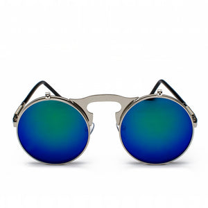 Vintage Steampunk Flip Up Men Sunglasses Women Retro Round Metal Frame Sun Glasses Hinge Design Curved Spring Legs UV400