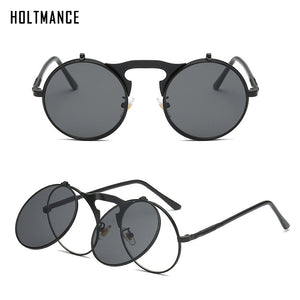 Vintage Steampunk Flip Up Men Sunglasses Women Retro Round Metal Frame Sun Glasses Hinge Design Curved Spring Legs UV400