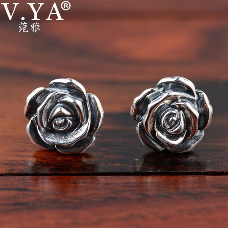 Vintage Style 925 Sterling Silver Rose Flower Stud Earring Fashion Boucle D'oreille Women Fine Jewelry