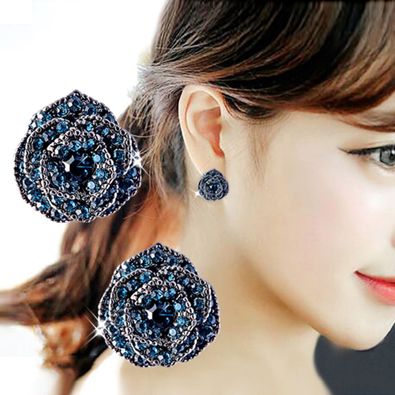 Vintage Sweet Rose Flower Blue Crystal Drop Earrings For Women Bijoux Fashion Jewelry Accessories Cute Gifts