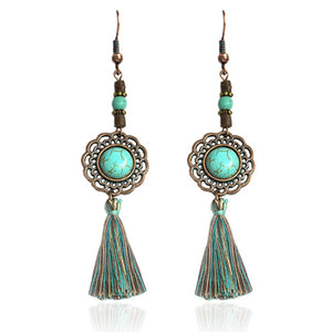 Vintage Tassel Earrings Luxury Hollow Green Flower Long Earring Dangle Natural Stone Drop Earrings Bohemian Boho For Women Gifts