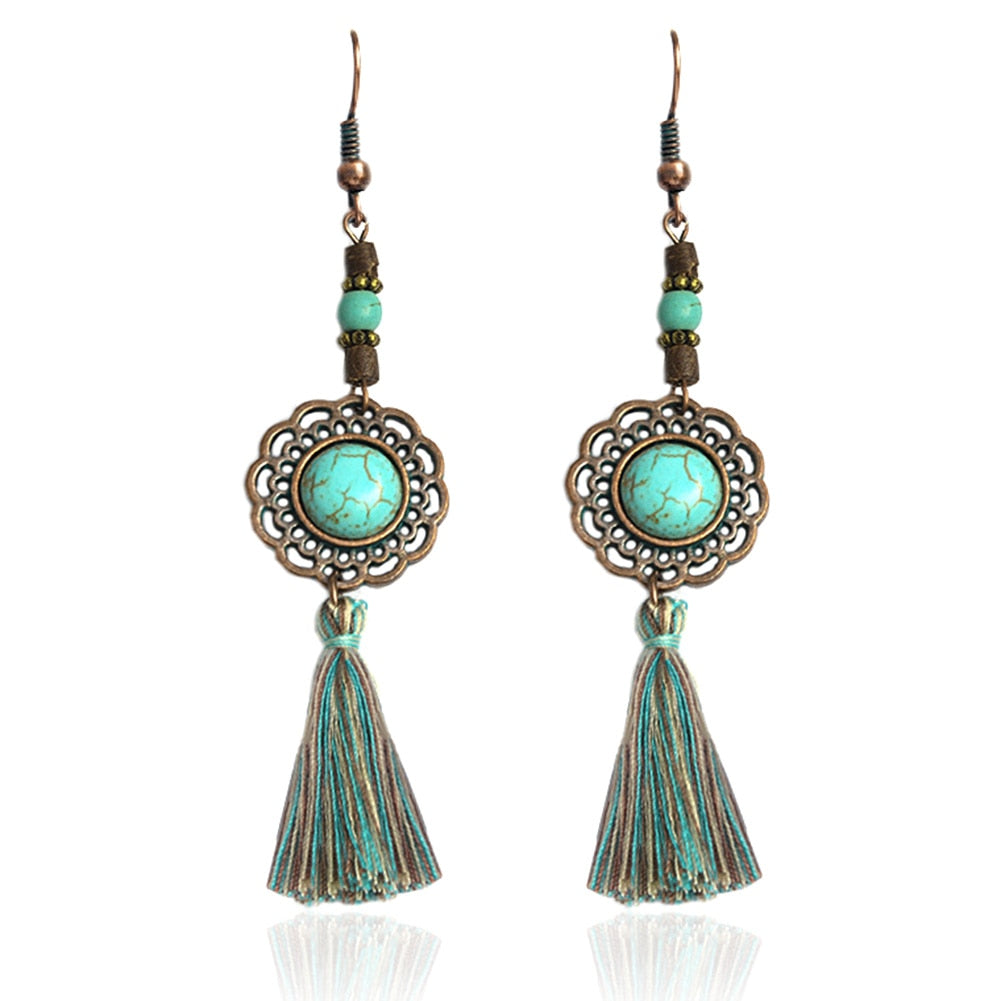 Vintage Tassel Earrings Luxury Hollow Green Flower Long Earring Dangle Natural Stone Drop Earrings Bohemian Boho For Women Gifts