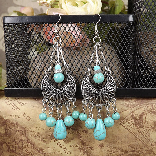 Vintage Tibetan Silver Blue Beads Pendant Earring Gift For Women A Pair