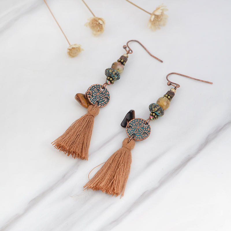 Vintage Woolen Tassels Earrings Brown Retro Beads Stone Drop Earrings for women girl Fashion Bohemia Jewelry Ear Danglers