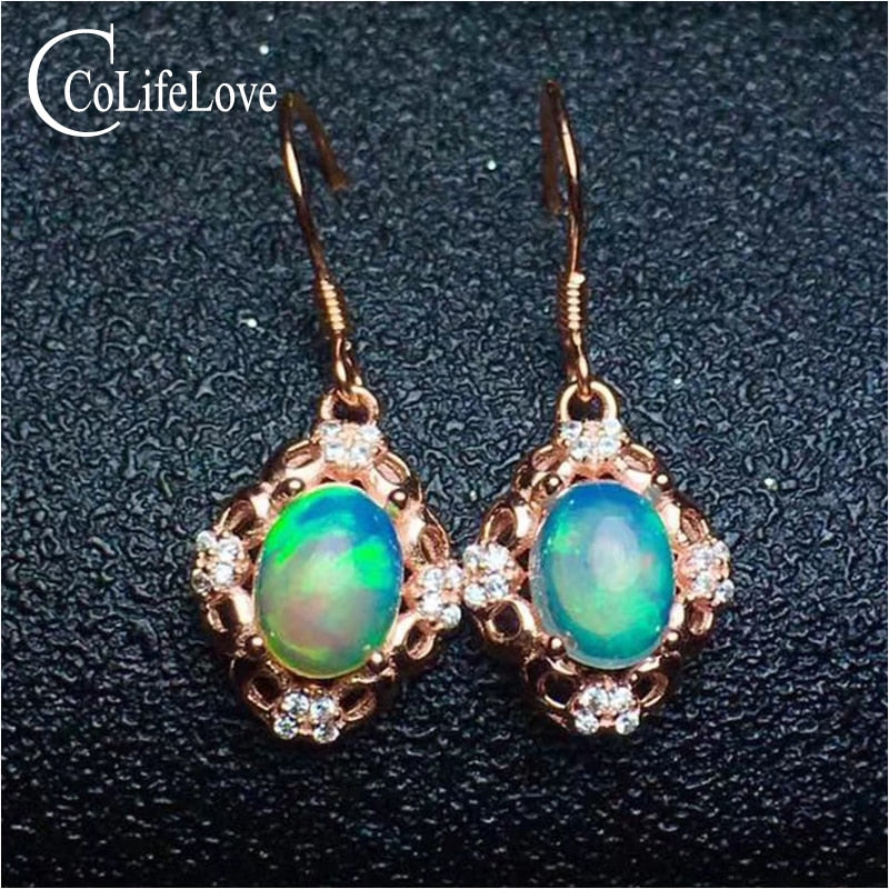 Vintage silver opal earrings for wedding 2 ct 6mm*8mm natural opal silver drop earrings 925 sterling silver opal wedding jewelry