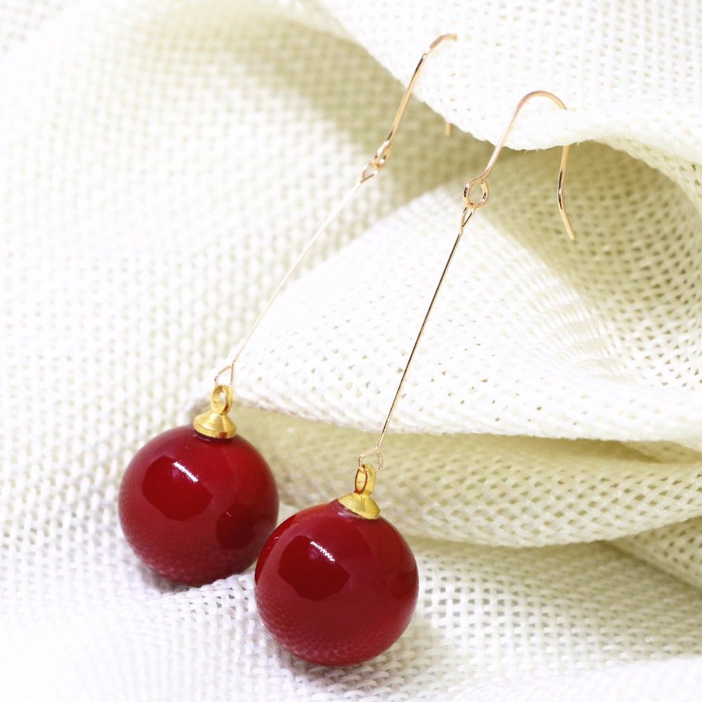 Vintage women drop eariring artificial red coral beads 14mm long Bohemian pierced dangle eardrop gold-color jewelry B1782
