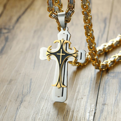Cross Necklace For Men Byzantine Gold Silve Stainless Steel Chain Catholic Crucifix Pendant Male Punk Rock Ornaments
