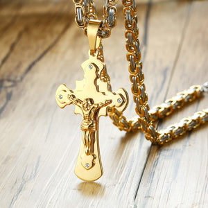 Cross Necklace For Men Byzantine Gold Silve Stainless Steel Chain Catholic Crucifix Pendant Male Punk Rock Ornaments