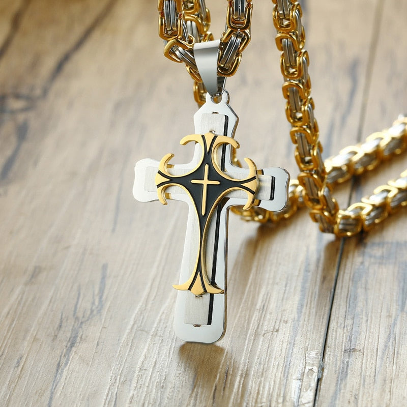 Cross Necklace For Men Byzantine Gold Silve Stainless Steel Chain Catholic Crucifix Pendant Male Punk Rock Ornaments