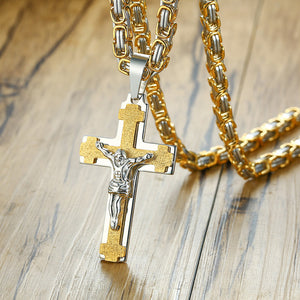 Cross Necklace For Men Byzantine Gold Silve Stainless Steel Chain Catholic Crucifix Pendant Male Punk Rock Ornaments