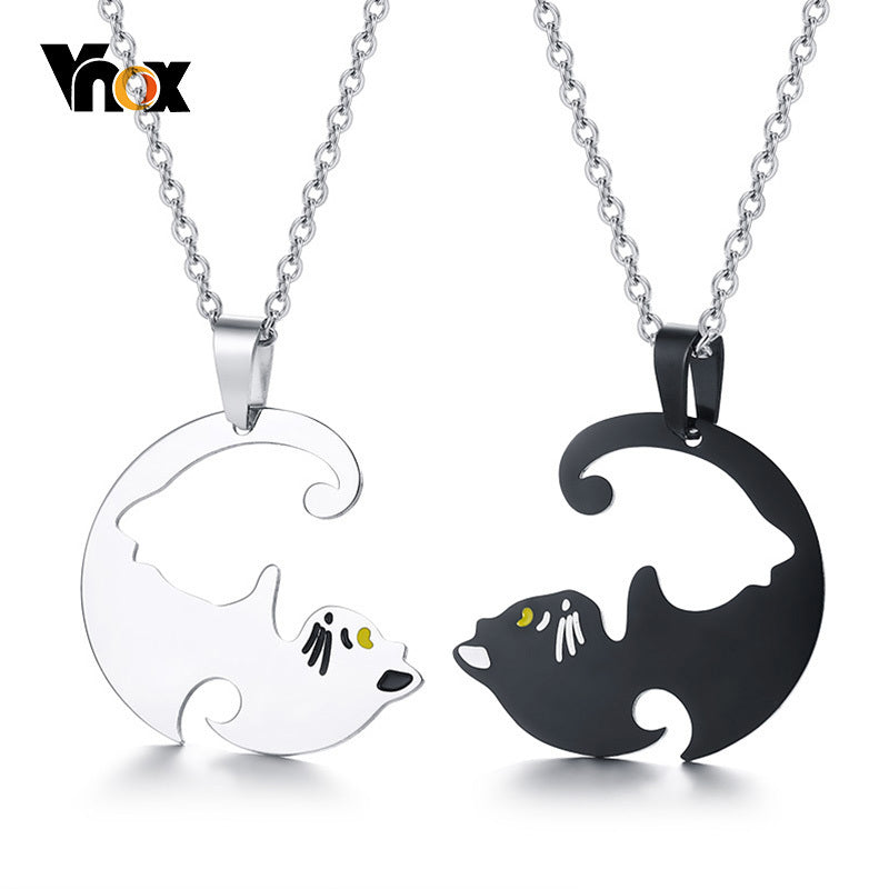 Cute His and Her Couples Necklaces Stainless Steel Beloved Pet Cat Pendant Colar Gifts Free O Chain 20