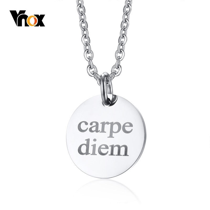 Engraved Carpe Diem Necklaces for Men Solid Silver Color Coin Round Pendant Necklace colar masculino Free Chain 20