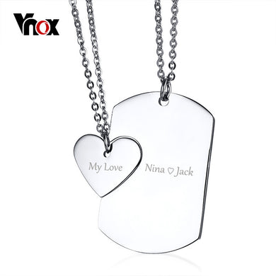 Free Engrave Couple Necklace ID Dog Tag Heart Pendant High Polished Stainless Steel Trendy Women Men Jewelry 20 Chain