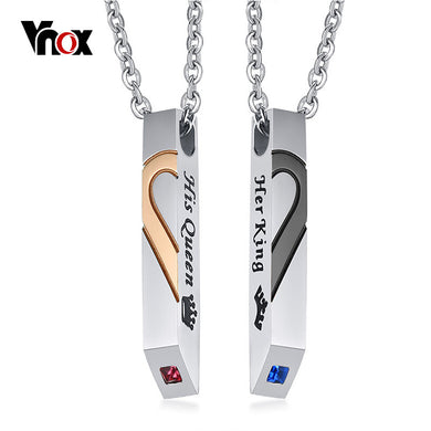 His Queen and Her King Couples Necklace Heart Love Crown Charm Cubic Zirconia Stainless Steel Cube Bar Romantic Gift