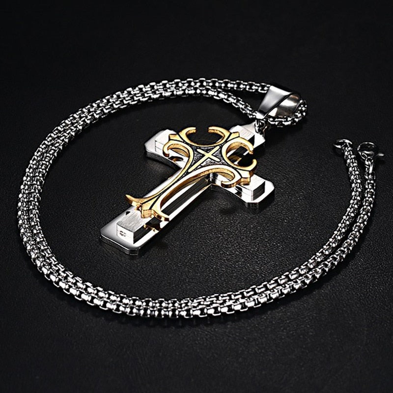 Men's Stainless Steel Cross Pendant Necklace 24 Chain Religion Jewelry