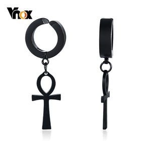 Punk Ankh Cross Earrings for Men Black Stainless Steel Dangle Earring Hiphop brinco Gifts