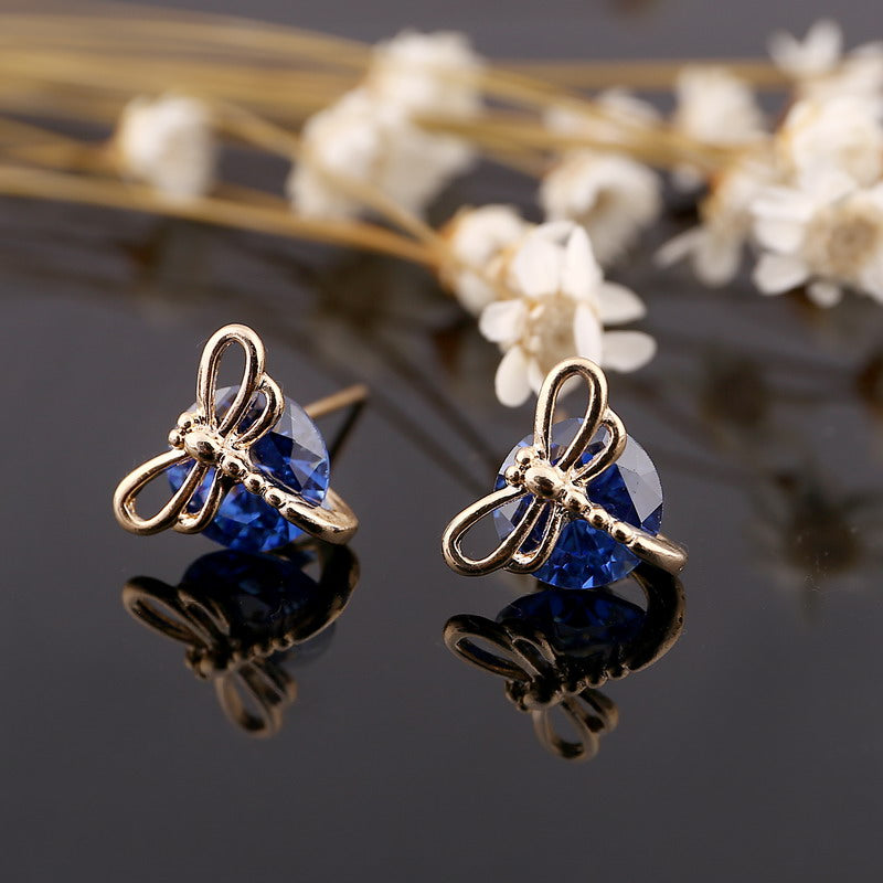 Vogue Butterfly Shaped Stud Earrings Blue Stone Zirconia Crystal Rhinestone Earrings for Female