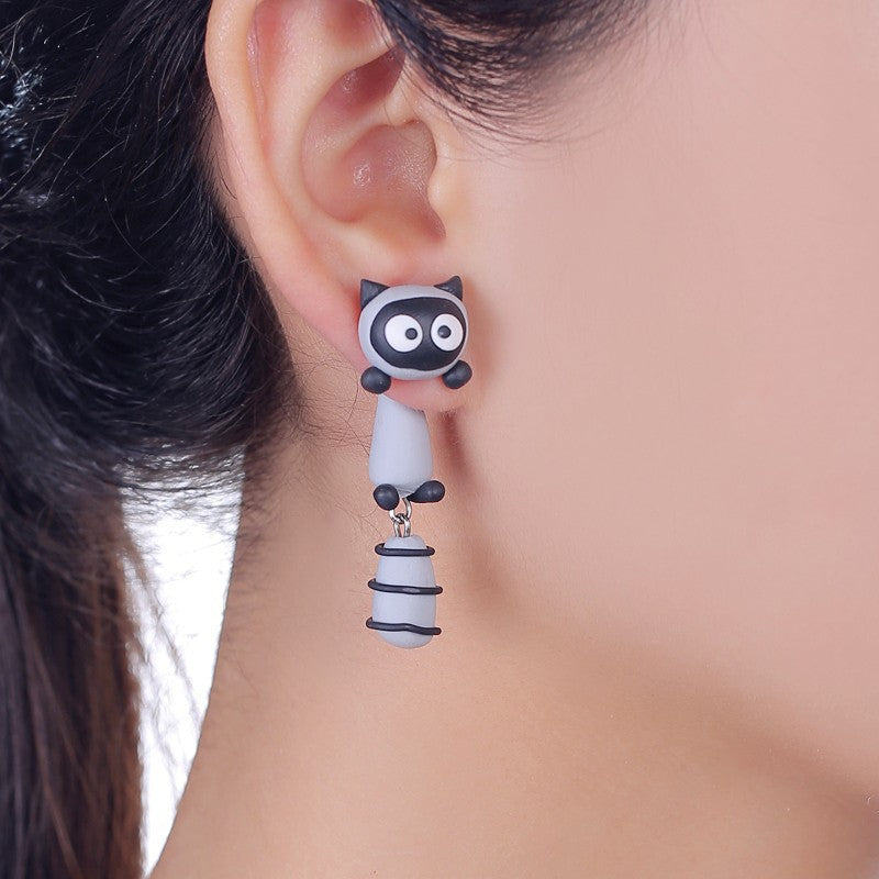 W-AOE Brand Fashion Cartoon Smile Raccoon Stud Earring 100% Handmade Polymer Cl Cute 3d Animal Earrings For Women Girl Gift