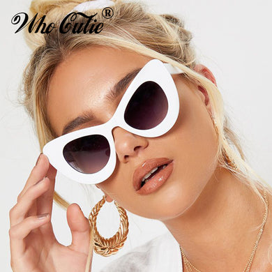 WHO CUTIE Peak Cat Eye Sunglasses Women Brand Designer 90S Vintage Thick White Frame Cateye Lady Sun Glasses Shades OM499B