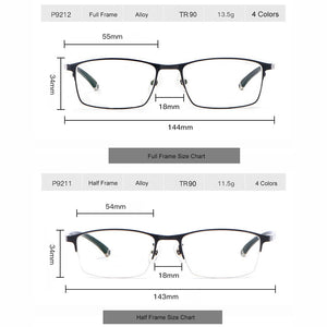 WIHODA  Men's Business Falf Glasses Frame, Square Metal Alloy Full Frame Optical TR90 Leg Glass Frames for Myopia FP9211