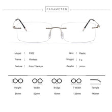 Carica l&#39;immagine nel visualizzatore di Gallery, WIHODA Pure Titanium Rimless Square Glasses Frame, Men Women Square Frameless Glass Frames for Prescription Myopia&amp; Hyperopia