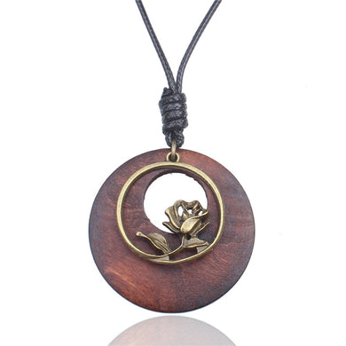 New Vintage Long Necklace Fashion Bohemia Jewelry Black Rope wooden Alloy Flower Pendant Necklaces Women Sweater Chain