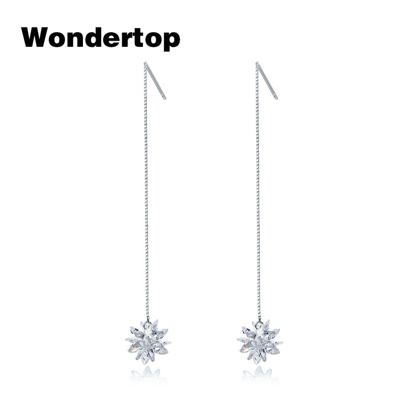 Authenticl Sterling 925 Silver Snowflake with Long Line Drop Earrings for Women Party Fashion Jewelry