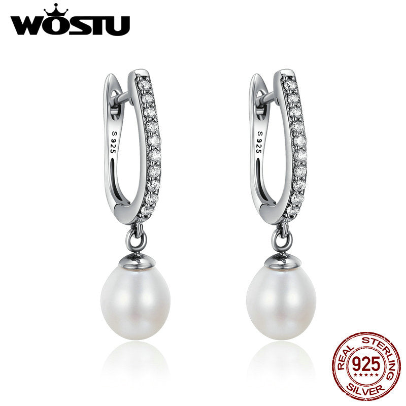 100% Pure 925 Sterling Silver Graceful Pearl, Clear CZ Drop Earrings For Women Jewelry Brincos Gift CQE194