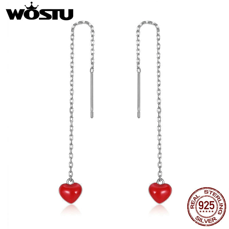 100% Real 925 Sterling Silver Cute Red Heart Enamel Long Drop Earrings For Women Fashion Dangle Earring Jewelry CSE150