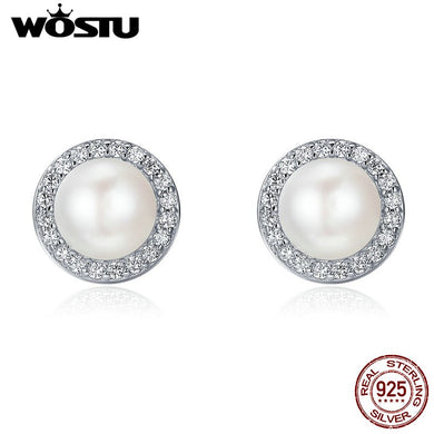925 Sterling Silver Round Sparking Pearl Stud Earrings For Women Luxury Classical Original Jewelry DXE122