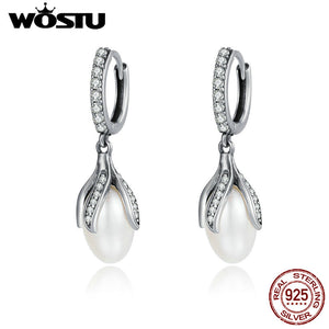 Authentic 925 Sterling Silver Blooming Flower Petal Pearl Drop Earrings for Women Luxury Silver Jewelry CQE259