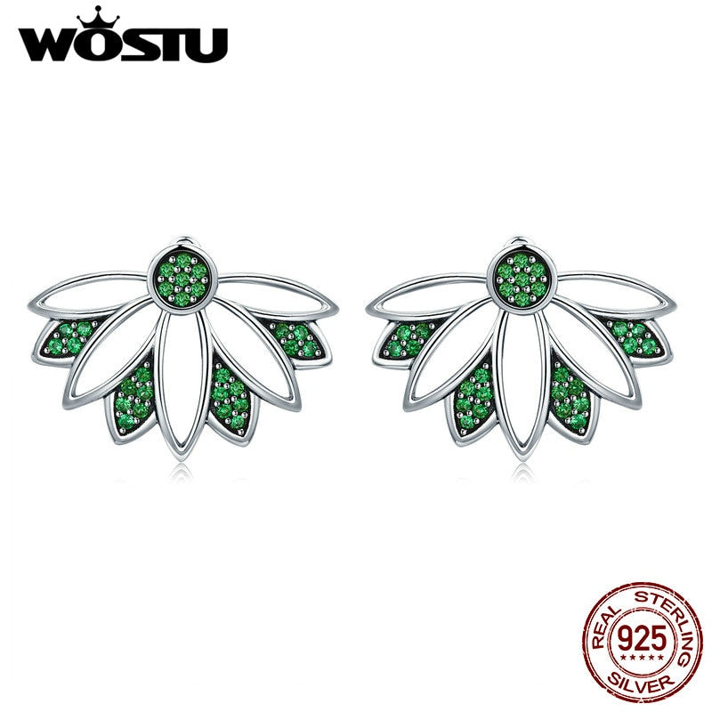 Authentic 925 Sterling Silver Green Leaves & Flower Stud Earrings for Women Silver Jewelry High Quality Gift CQE334