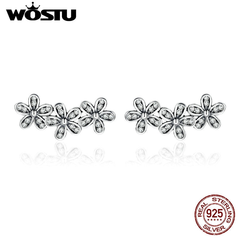 Genuine 925 Sterling Silver Clear CZ Dazzling Daisy Stacked Flower Floral Stud Earrings Original Jewelry Lady Gift XCHS506