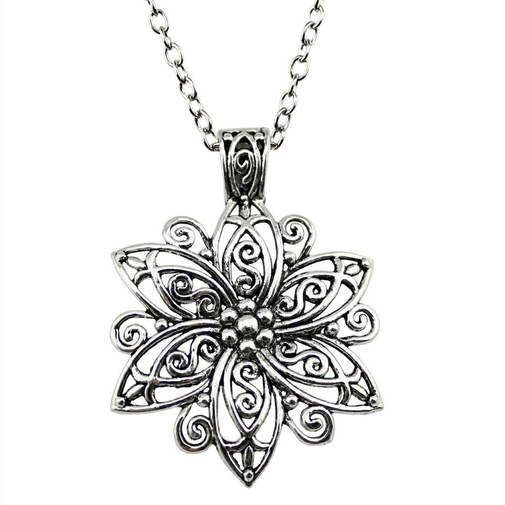 Fashion Simple Antique Silver Color 66x47mm Big Flower Pendant Necklace , 70Cm Chain Long Necklace Drops Suppliers