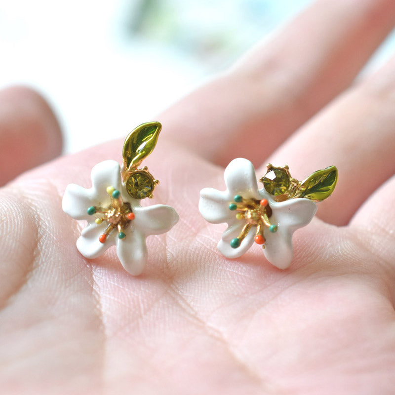 Warmhome Jewelry Enamel Glaze 2018 Korean Small Orange Flowers Zircon Green Leaves Women Stud Earring 925 Silver Needle
