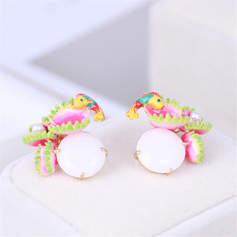 Warmhome Trendy Jewelry France Enamel Glaze Cute Plants Series Eater Flowers Animal White Gem For Women Stud Earrings