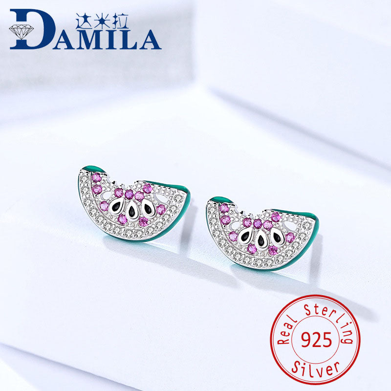 Watermelon 925 sterling silver earrings for women Silver 925 jewelry stud earrings cubic zirconia stone earing for female girls