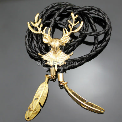 Western Cowboy Deer Head Horn Antler Stag Zuni Feather Rodeo Leather Bolo Tie Jewelry 2018 New Necklace