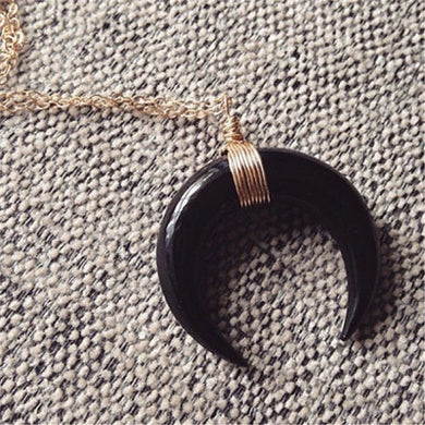 White/Black Bone Double Horn Necklace Crescent Moon Pendant Gold Chain Charming