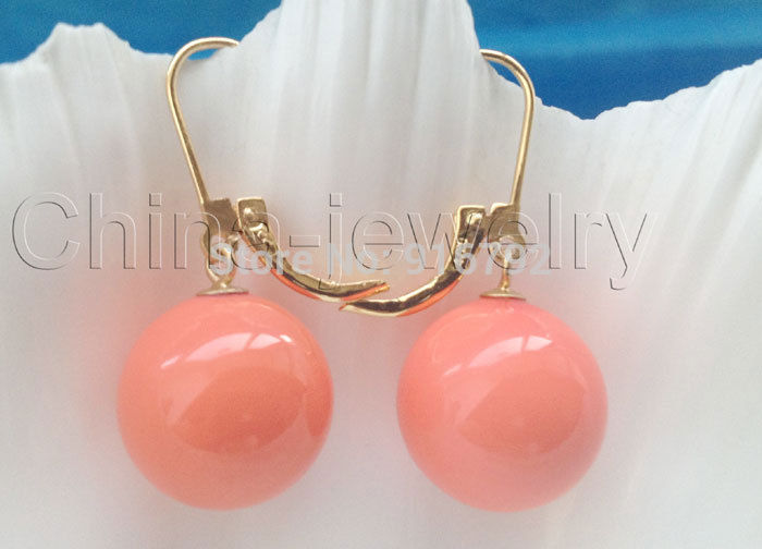Wholesale >Beautiful 14mm perfect round pink coral color sea shell pearl earring