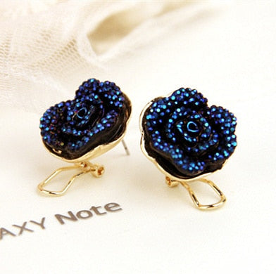 Wholesale Fashion Korean Jewelry For Women, Charm Shining Blue Flower Stud Earrings, Rose Flower Earring For Women XHP004