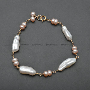 Wholesale Natural White and Pink Fresh Water Pearl Rondelle Tube Beads Copper Wire Linked Bracelets Fashion Woman Jewelrys Gift