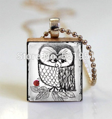Wholesale Owl Necklace Bird Jewelry Owl and Ladybug Scrabble Tile Pendant with Ball Chain Necklace,wooden scrabble tile Necklace