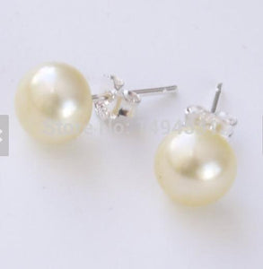 Wholesale Pearl Jewelry, Lemon Yellow Color 8mm Genuine Pearl Stud Earrings, 925 Sterling Silver Post, Christmas Gift